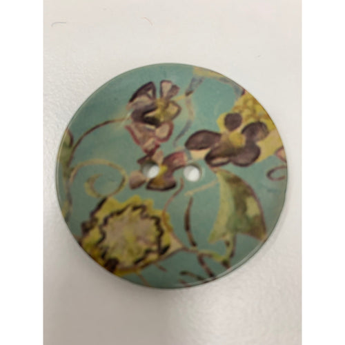 13634 Painted Floral Coconut Shell Button 40mm Turquoise Background 