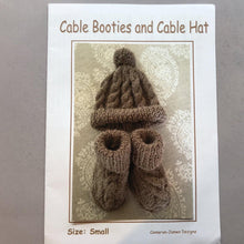 Load image into Gallery viewer, Cable Booties and Cable Hat Kit with pom-poms for babies Small - newborn to 3 months