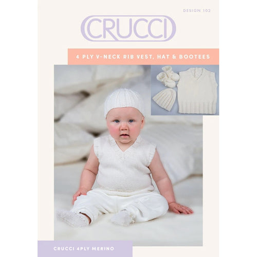 102 Crucci V-Neck Rib Vest Hat and Bootees 4ply Knitting Pattern 