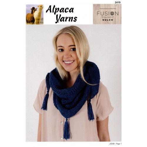 Garment and Accessory Patterns for Fusion Sulco Yarn 2419 - Lace Insert Shawl with Tassels