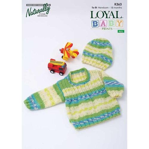 Patterns for Babies & Children designed in Naturally Loyal 4ply and Baby Prints K363 Ribbed Yoke Sweater & Hat (newborn to 18 mths)