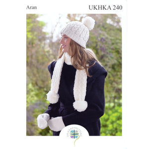 Set of Aran Cabled Beanie, Scarf and Mittens Knitting Pattern 