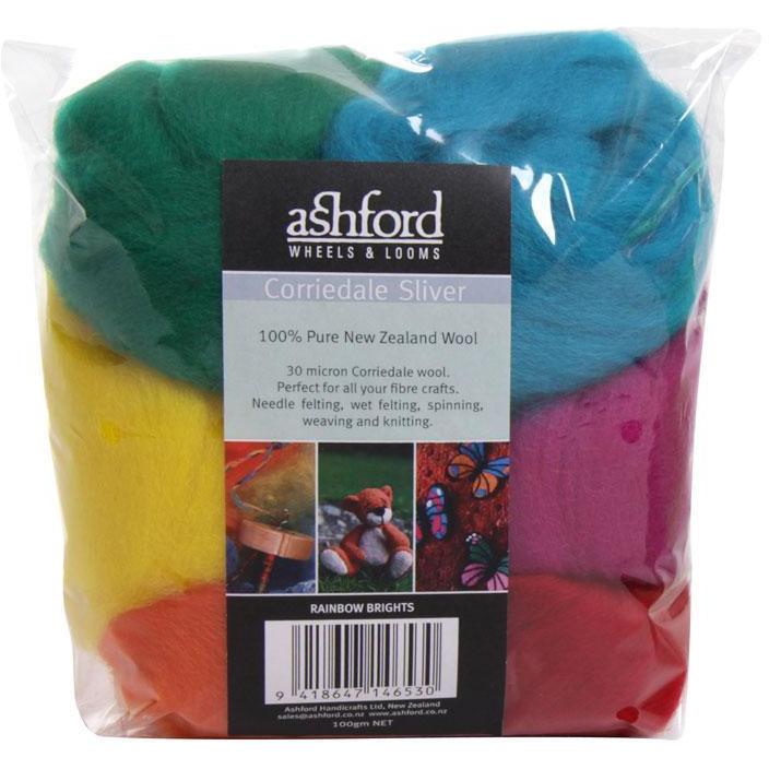 Ashford Corriedale Sliver colour theme packs 100g Rainbow Brights