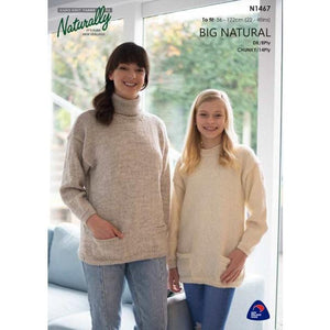 N1467 Women and Girls Sweater with pockets Pattern in DK / 8Ply & Chunky /14Ply 
