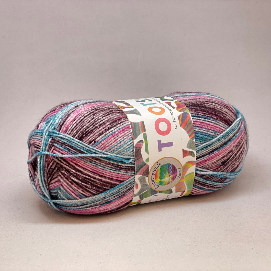 Tootsies 4ply Fine Merino Sock Yarn 458 Stonewash Plum + Pink + Aqua 
